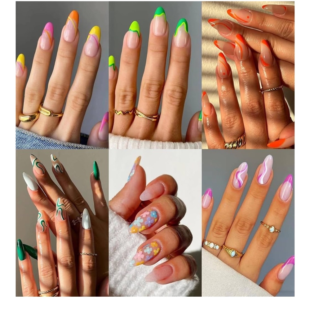 6 Packs (144 Pcs) Medium Press On Nails Almond False Nail w/ Designs Fake Nails